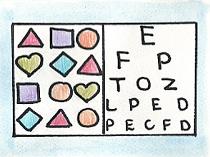 Taking an eye test with fun shapes and letters